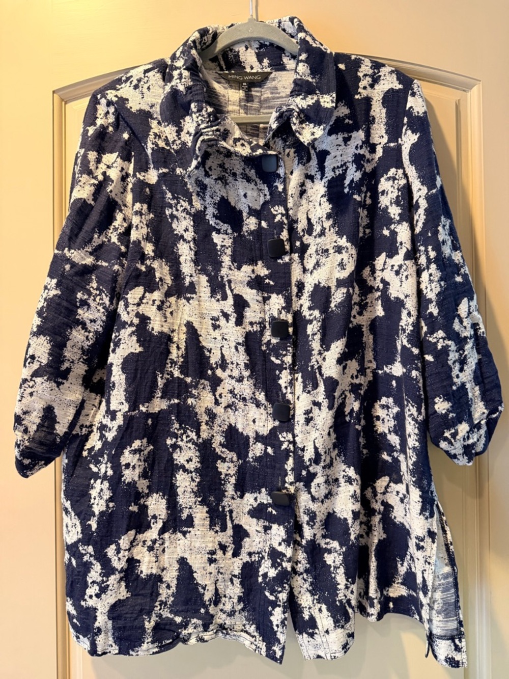 Ming Wang Navy and White Textured Stripe Jacket with Abstract Print